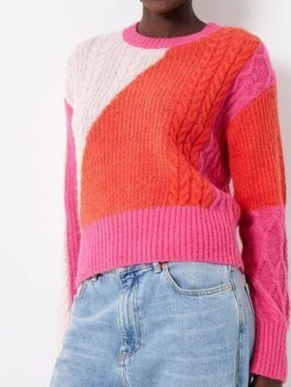 French Connection Medium Pink Orange Colorblock Cable Knit Wool Blend Sweater